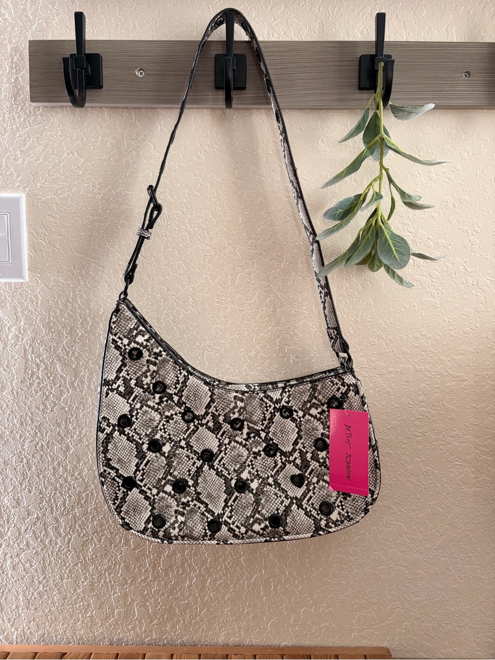 Betsey Johnson Snakeskin Black Studded Hobo Shoulder Bag NWT